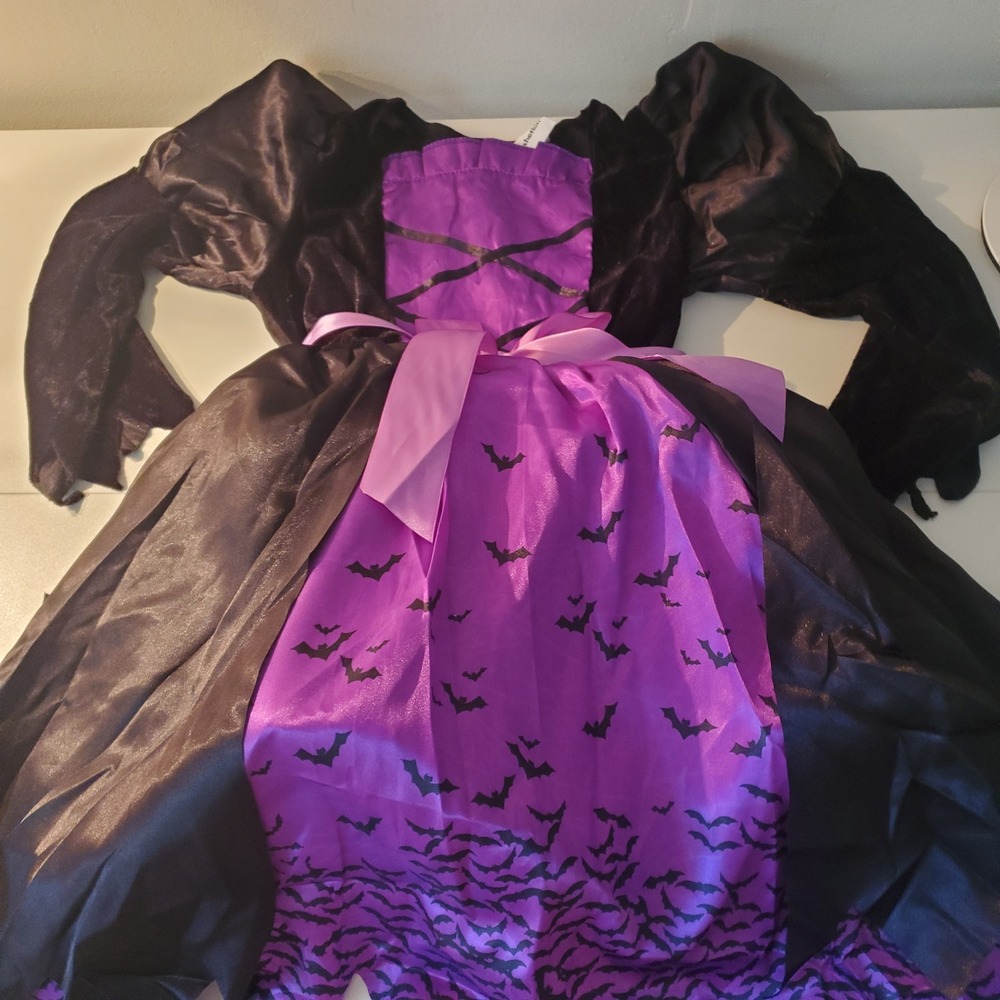 Kids Light Up Witch Costume Purple Black Bat Print Dress and Broomstick Set - Picture 2 of 14